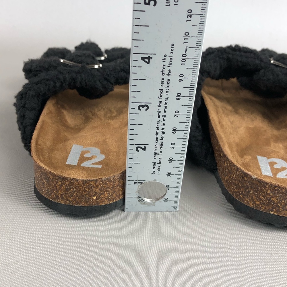 R2 Bernette Black Sherpa Teddy Shearling Buckled Double Strap Sandals - Picture 7 of 8